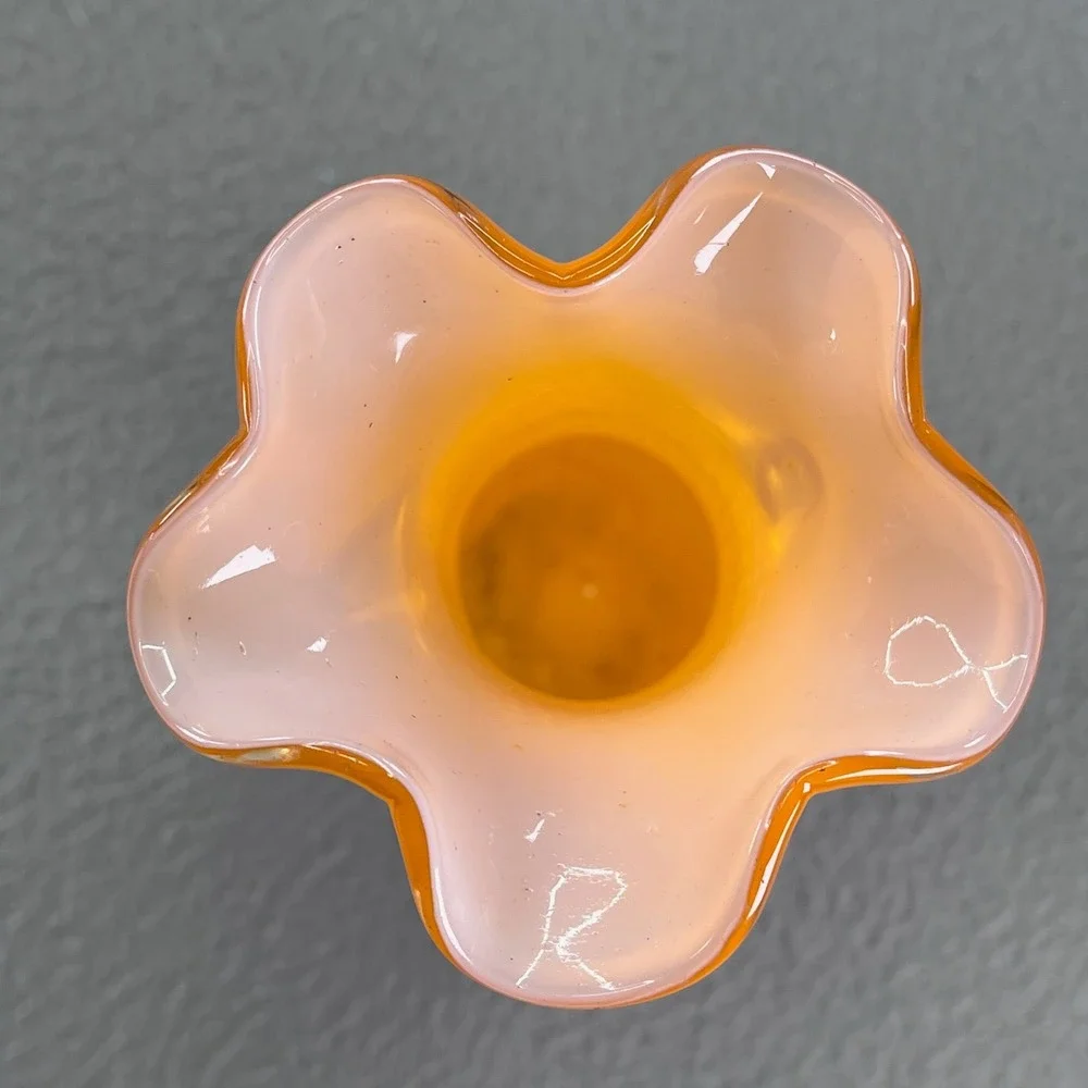 Vintage Orange Hobnail Glass Vase Ruffled Rim Clear Handles 8.5